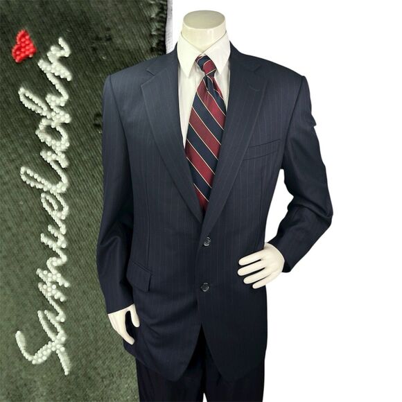 Samuelsohn Holland Sherry Savile Row Red Pinstripe Bespoke Men Suit 44L 36x31 - Picture 1 of 16